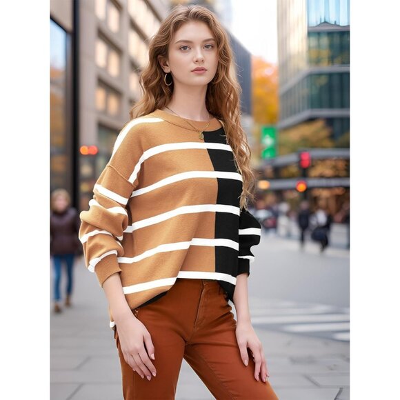 Striped  Oversized Casual Loose Long Sleeve Crew Neck  Cozy Sweaters for Women's - Picture 3 of 6